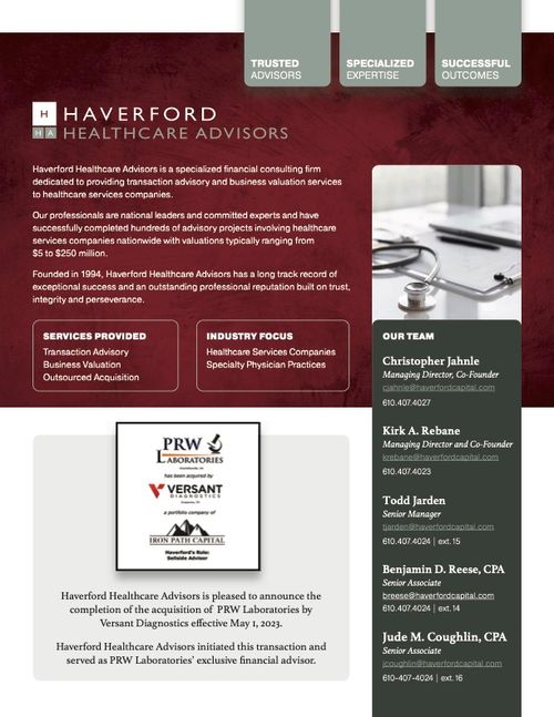 Haverford Healthcare Advisors Announces the Completion of a Dermatopathology Practice Transaction